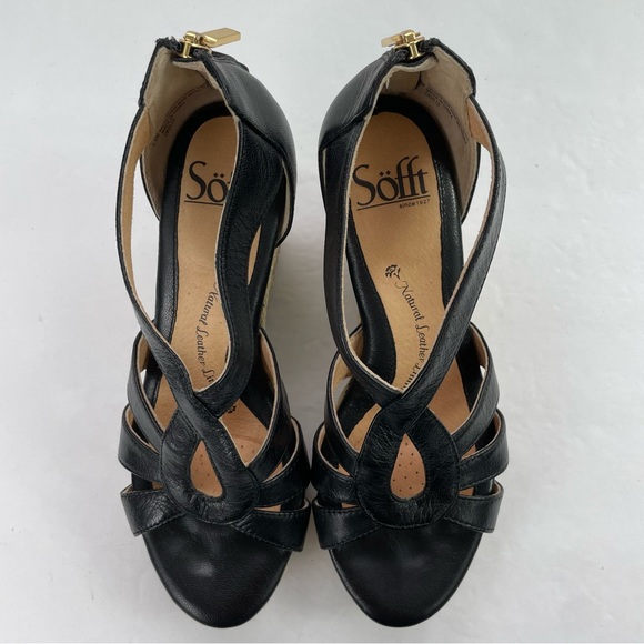 Sofft Black Leather Espadrille Wedge Open Toe Sandals - Picture 7 of 16